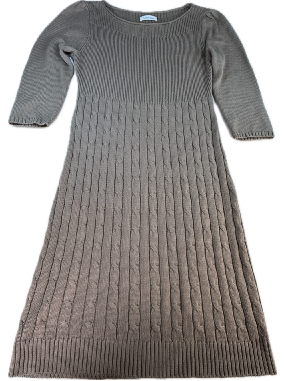 Calvin Klein Women’s Medium Brown Cable Knit Sweater Dress 3/4 Sleeve Midi
